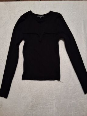 Dylan Ryan Black Ribbed Long Sleeve Notch Top